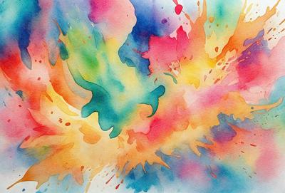 The primary subject of the image is a colorful, abstract painting featuring a bird. The setting is a white background, and the visual style is a watercolor painting. The dominant colors in the painting are pink, blue, and yellow, creating a vibrant and lively atmosphere.