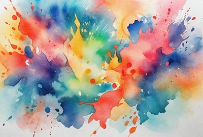 The primary subject of the image is a colorful painting or drawing, featuring a mix of red, blue, yellow, and orange colors. The setting is a white background, which provides a clean and uncluttered appearance. The visual style is a combination of digital art and illustration, creating a vibrant and dynamic scene. The colors and mood of the image are lively and energetic, with the bright colors evoking a sense of joy and creativity.