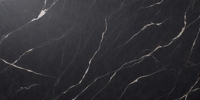 The primary subject of the image is a close-up of a black marble countertop. The setting is a kitchen, with the countertop being the main focus of the scene. The visual style is a photo, capturing the intricate details of the marble surface. The colors and mood of the image are predominantly dark, with the black marble providing a striking contrast against the black background.