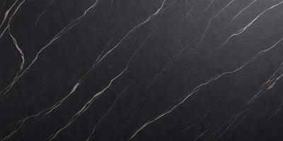 The primary subject of the image is a close-up of a black leather surface. The setting is a black background, which creates a striking contrast with the leather. The visual style is a realistic representation of the leather, showcasing its texture and appearance. The colors and mood of the image are predominantly dark, with the black leather serving as the focal point.