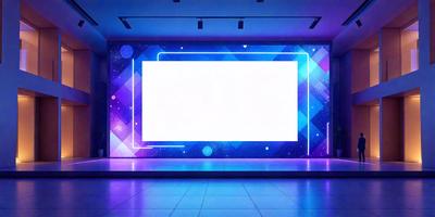 The primary subject of the image is a large, blue, illuminated screen with a white background. The screen is mounted on a wall, and it appears to be a part of a larger display. The setting is a room with a purple and blue color scheme, which adds to the overall atmosphere of the space. The visual style of the image is a combination of digital art and illustration, creating a unique and eye-catching display.