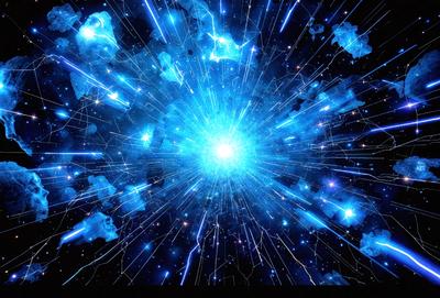 The primary subject of the image is a bright blue explosion, which appears to be a nebula or a starburst. The setting is a dark, star-filled sky, creating a contrasting backdrop for the vibrant blue light. The visual style is a combination of a photo and digital art, as the image captures the beauty of the celestial event. The colors and mood of the image are predominantly blue, with a sense of wonder and awe, as the viewer witnesses the incred