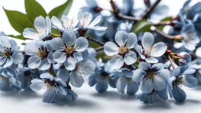 The primary subject of the image is a branch with blue flowers. The setting is a white background, which provides a clean and minimalistic look. The visual style is a close-up of the flowers, showcasing their details and beauty. The colors and mood of the image are predominantly blue, creating a calm and serene atmosphere.