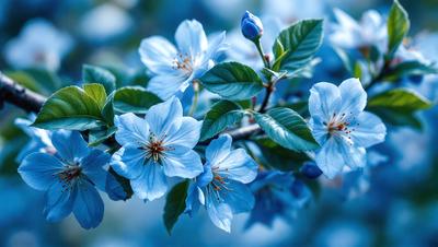 The primary subject of the image is a tree filled with blue flowers. The tree is surrounded by a blue sky, creating a serene and calming atmosphere. The visual style of the image is a photo, capturing the beauty of the tree and its flowers in their natural environment. The colors and mood of the image are predominantly blue, with the blue flowers and sky setting a peaceful and tranquil tone.