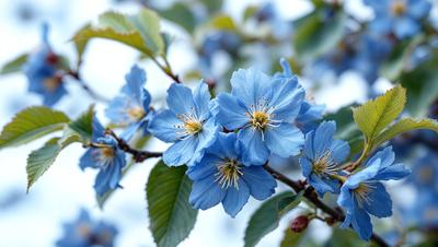 The primary subject of the image is a tree filled with blue flowers. The tree is the main object, and the flowers are the scene. The setting is outdoors, with the tree being the background. The visual style is a photo, capturing the beauty of the tree and its flowers. The dominant colors are blue and white, creating a serene and calming atmosphere.