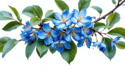 The primary subject of the image is a branch with blue flowers on it. The setting is a white background, which creates a clean and minimalist appearance. The visual style is a close-up of the flowers, showcasing their beauty and details. The colors and mood of the image are predominantly blue, which gives it a calm and serene atmosphere.