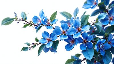 The primary subject of the image is a branch with blue flowers. The setting is a white background, which creates a clean and minimalist appearance. The visual style is a close-up of the flowers, showcasing their vibrant blue color. The overall atmosphere is serene and calming, as the blue flowers create a sense of tranquility and beauty.