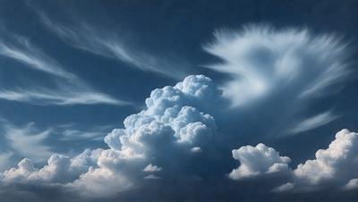 The primary subject of the image is a cloud, which is the main object, scene, or focus of the image. The cloud is set against a dark blue sky, creating a dramatic and moody atmosphere. The visual style of the image is a painting, which adds to the artistic and expressive nature of the scene. The dominant colors in the image are shades of blue and white, with the cloud being predominantly white.
