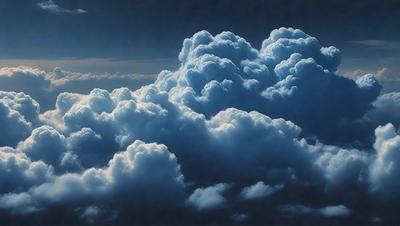 The primary subject of the image is a cloudy sky filled with numerous white clouds. The setting is a dark, cloudy night, creating a dramatic atmosphere. The visual style is a painting, which adds a sense of depth and artistic expression to the scene. The colors and mood are predominantly dark and moody, with the white clouds contrasting against the dark sky.