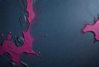 The primary subject of the image is a painting of a pink splash on a blue background. The setting is a canvas, and the visual style is a painting. The dominant colors are pink and blue, creating a vibrant and lively atmosphere.