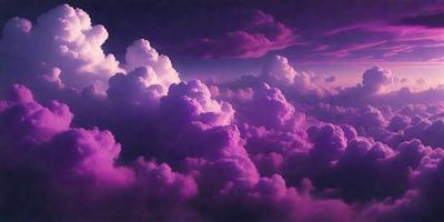 The primary subject of the image is a purple cloudy sky filled with clouds. The setting is a purple cloudy sky, and the visual style is a photo. The colors and mood of the image are predominantly purple, creating a serene and dreamy atmosphere.