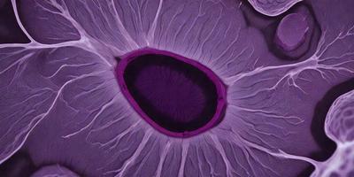 The primary subject of the image is a purple, circular, and somewhat distorted object, which appears to be a piece of art or a design element. The setting is a purple background, which complements the main subject. The visual style is a combination of digital art and illustration, creating a unique and eye-catching design. The colors and mood of the image are predominantly purple, giving it a somewhat mysterious and artistic atmosphere.
