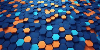 The primary subject of the image is a blue and orange patterned surface, which appears to be a wall or a floor. The setting is indoors, and the visual style is a combination of photo and digital art. The dominant colors are blue and orange, creating a vibrant and lively atmosphere.