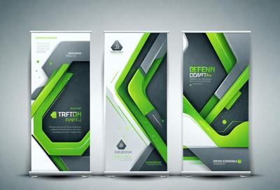 The primary subject of the image is a set of three green and white posters. The setting is a white background, and the visual style is a combination of digital art and illustration. The colors and mood of the posters are bright and lively, with a focus on green and white.