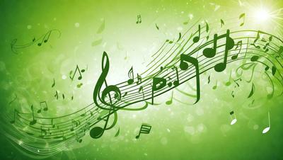 The primary subject of the image is a green musical note, which is the main focus of the image. The setting is a green background, which adds a vibrant and lively atmosphere to the scene. The visual style of the image is a combination of digital art and illustration, creating a unique and eye-catching design. The colors and mood of the image are predominantly green, which adds a sense of freshness and energy to the overall composition.