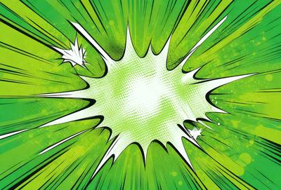 The primary subject of the image is a green explosion, which appears to be a comic book-style illustration. The setting is a brightly colored background, possibly featuring a green and white color scheme. The visual style is a combination of digital art and illustration, creating a dynamic and eye-catching scene. The colors and mood of the image are lively and energetic, with the green explosion being the central focus of the composition.