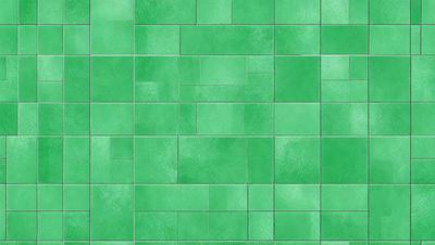 The primary subject of the image is a green tile wall. The setting is a room with a green tile floor. The visual style is a close-up of the green tile wall, showcasing its texture and pattern. The colors and mood of the image are predominantly green, creating a calm and soothing atmosphere.