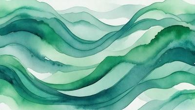 The primary subject of the image is a painting of a mountainous landscape. The setting is a watercolor painting, which gives it a vibrant and lively appearance. The visual style is artistic, with the painting capturing the beauty of the mountain range. The dominant colors in the painting are green and blue, creating a serene and calming atmosphere.