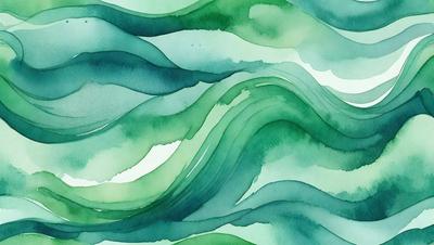 The primary subject of the image is a painting of a wave, featuring a mix of green and blue colors. The setting is a water surface, and the visual style is a digital art or illustration. The painting creates a serene and calming atmosphere, with the dominant colors being green and blue.