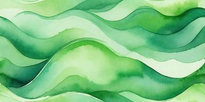 The primary subject of the image is a painting of a lush green hillside. The setting is a mountainous landscape with a watercolor style. The visual style is a watercolor painting, which gives the image a vibrant and natural atmosphere. The dominant colors are green, which creates a sense of freshness and tranquility.