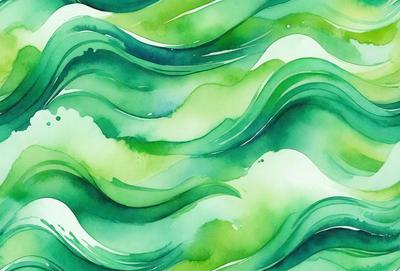 The primary subject of the image is a painting of a wave, featuring a green and white color scheme. The setting is a water surface, and the visual style is a watercolor painting. The dominant colors and overall atmosphere are calming and serene, as the wave appears to be gently rolling.