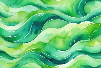 The primary subject of the image is a painting of a wave, featuring a green and blue color scheme. The setting is a water surface, and the visual style is a combination of digital art and illustration. The painting creates a serene and calming atmosphere, with the dominant colors being green and blue.