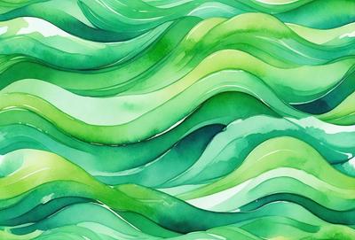 The primary subject of the image is a painting of a wave, featuring a green and blue color scheme. The setting is a water surface, and the visual style is a digital art or illustration. The painting creates a serene and calming atmosphere, with the dominant colors being green and blue.