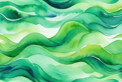 The primary subject of the image is a painting of a wave, featuring a variety of colors and a water-like texture. The setting is a green background, which complements the vibrant colors of the wave. The visual style is a combination of digital art and illustration, creating a dynamic and engaging scene. The dominant colors are green, blue, and white, which contribute to a calming and serene atmosphere.