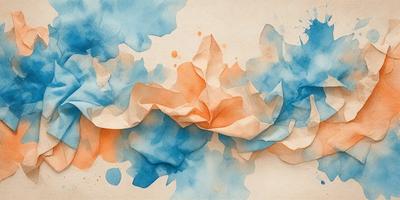 The primary subject of the image is a painting featuring a blue and orange color scheme. The setting is a white background, and the visual style appears to be a combination of digital art and illustration. The painting showcases a flowing, abstract design with a sense of movement and fluidity. The dominant colors are blue and orange, creating a vibrant and lively atmosphere.