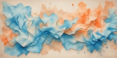 The primary subject of the image is a blue and orange painting, which features a flowing, swirling design. The setting is a canvas, and the visual style is a painting. The dominant colors in the painting are blue and orange, creating a vibrant and lively atmosphere.