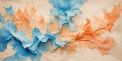 The primary subject of the image is a large, colorful piece of artwork featuring a mix of blue, orange, and white colors. The artwork is displayed on a white background, giving it a clean and minimalist appearance. The visual style of the image is a combination of digital art and illustration, creating a unique and eye-catching piece. The dominant colors in the artwork are blue, orange, and white, which together create a vibrant and lively atmosphere.