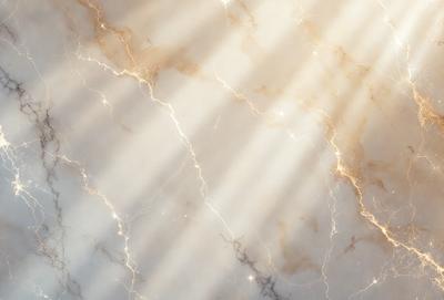 The primary subject of the image is a marble wall with a sunlight shining on it. The setting is a room with a marble surface, and the visual style is a photo. The colors and mood of the image are predominantly white, with a hint of yellow, creating a clean and bright atmosphere.