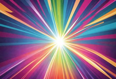 The primary subject of the image is a bright, colorful light source, possibly a sun or a light bulb, with a rainbow-colored background. The light source is illuminating the background, creating a vibrant and lively atmosphere. The visual style of the image is a combination of digital art and illustration, with the colors and mood being predominantly bright, cheerful, and energetic.