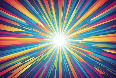 The primary subject of the image is a bright, colorful, and vibrant explosion of light. The setting is a blue background, which contrasts with the bright colors of the light. The visual style is a combination of digital art and illustration, creating a dynamic and eye-catching scene. The colors and mood of the image are predominantly energetic and lively, with the bright light and blue background evoking a sense of excitement and movement.