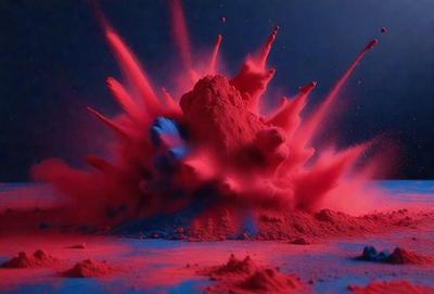 The primary subject of the image is a large, red, pink, and blue explosion, which appears to be a digital art or illustration. The setting is a dark background, which contrasts with the bright colors of the explosion. The visual style suggests that the image is a creative and artistic representation of an explosion, rather than a real-life event. The dominant colors of the explosion are red and pink, with blue accents, creating a vibrant and energetic atmosphere.