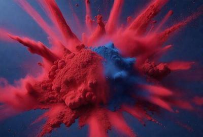 The primary subject of the image is a close-up of a red and blue paint splatter. The setting is a dark background, which contrasts with the vibrant colors of the paint splatter. The visual style appears to be a digital art or illustration, as the colors and mood are bold and striking.