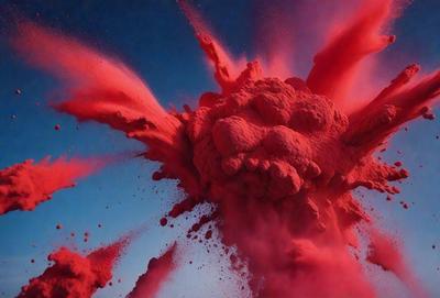 The primary subject of the image is a large, red, and white splash of paint, which appears to be a painting or a digital artwork. The setting is a blue sky, and the visual style is a mix of photo and digital art. The dominant colors are red and white, creating a vibrant and energetic atmosphere.