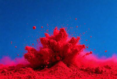 The primary subject of the image is a red splash or explosion, which is the main focus of the scene. The setting is a blue background, which contrasts with the red splash. The visual style appears to be a photo, as it captures the red splash in motion. The colors and mood of the image are predominantly red, creating a bold and vibrant atmosphere.