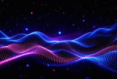 The primary subject of the image is a blue and purple wave pattern, which appears to be a digital art or illustration. The setting is a dark background, which contrasts with the vibrant colors of the wave pattern. The visual style suggests that the image is a creative and artistic representation of a wave, rather than a photo or a real-life scene. The dominant colors of the image are blue and purple, creating a calming and serene atmosphere.