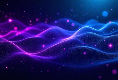 The primary subject of the image is a purple and blue wave pattern, which appears to be a digital art or illustration. The setting is a dark background, which contrasts with the vibrant colors of the wave pattern. The visual style suggests that the image is a creative and artistic representation of a wave, rather than a photo or a real-life scene. The dominant colors of the image are purple and blue, creating a sense of depth and a calming atmosphere.