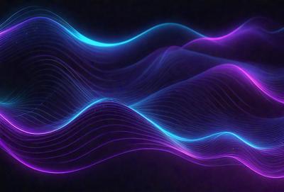 The primary subject of the image is a series of purple and blue waves, which are the main objects in the scene. The setting is a dark background, which contrasts with the vibrant colors of the waves. The visual style of the image is a digital art or illustration, as it features a pattern of purple and blue waves that create a visually appealing and dynamic composition. The colors and mood of the image are predominantly purple and blue, which evoke a sense of calmness and tranquility