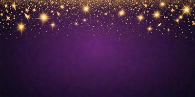 The primary subject of the image is a purple background with a pattern of gold stars. The setting is a dark, starry night, and the visual style is a combination of digital art and illustration. The dominant colors are purple and gold, creating a serene and celestial atmosphere.