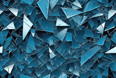 The primary subject of the image is a blue wall with a pattern of blue triangles. The setting is a room with a blue background, and the visual style is a digital art or illustration. The dominant colors are blue, and the overall atmosphere is calm and serene.
