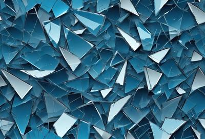 The primary subject of the image is a blue glass wall with many small, broken pieces of glass. The setting is a blue background, and the visual style is a close-up of the glass wall. The colors and mood of the image are predominantly blue, creating a calm and serene atmosphere.