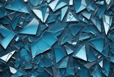 The primary subject of the image is a blue glass wall with many broken pieces of glass. The setting is a blue background, and the visual style is a close-up of the broken glass. The colors and mood of the image are predominantly blue, creating a calm and serene atmosphere.