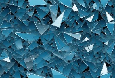 The primary subject of the image is a large collection of broken glass, which is displayed in a blue background. The visual style of the image is a close-up of the broken glass, creating a sense of depth and texture. The colors and mood of the image are predominantly blue, giving it a calm and serene atmosphere.
