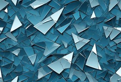 The primary subject of the image is a blue background with numerous small, shiny, blue triangles scattered across it. The visual style of the image is a combination of photo and digital art, creating a unique and intriguing pattern. The colors and mood of the image are predominantly blue, giving it a calm and serene atmosphere.