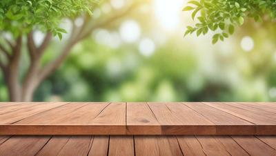 The primary subject of the image is a wooden deck with a wooden plank. The setting is a forest with trees in the background. The visual style is a photo of a wooden deck in a forest. The colors and mood are natural and serene, with the wooden deck and trees creating a peaceful and relaxing atmosphere.