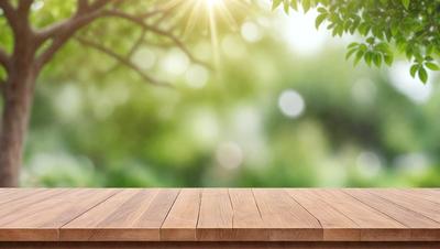 The primary subject of the image is a wooden deck with a bench on it. The setting is a lush green forest, with sunlight shining through the trees. The visual style is a photo, capturing the natural beauty of the scene. The dominant colors are green from the trees and brown from the wooden deck, creating a serene and peaceful atmosphere.