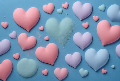 The primary subject of the image is a collection of pink and purple heart-shaped cake decorations. These decorations are arranged on a blue background, creating a visually appealing and colorful scene. The hearts are made of a combination of pink and purple frosting, giving the overall atmosphere a warm and inviting feel. The image appears to be a digital art or illustration, showcasing the creativity and skill involved in crafting these heart-shaped cake decorations.